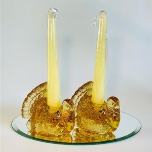 Celebrations Pair of Amber Candleholders Turkeys NIB w/ Original Candles